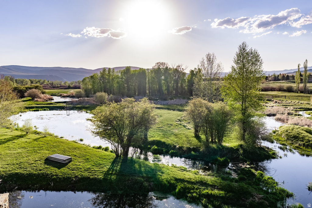 Expansive landscape featuring natural waterways, lush green grass, mature trees, and distant mountains