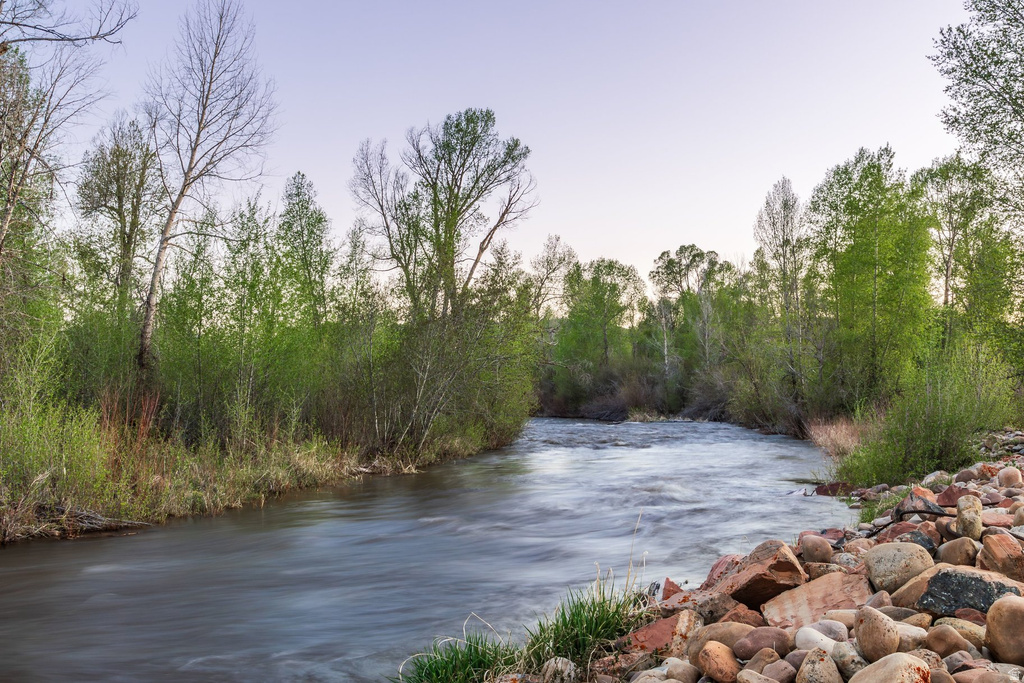River frontage with natural rock embankment and mature deciduous trees