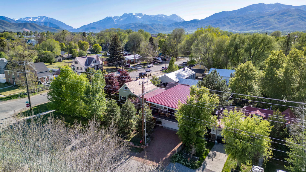 Aerial perspective showcasing a residential area with mature trees and mountain scenery