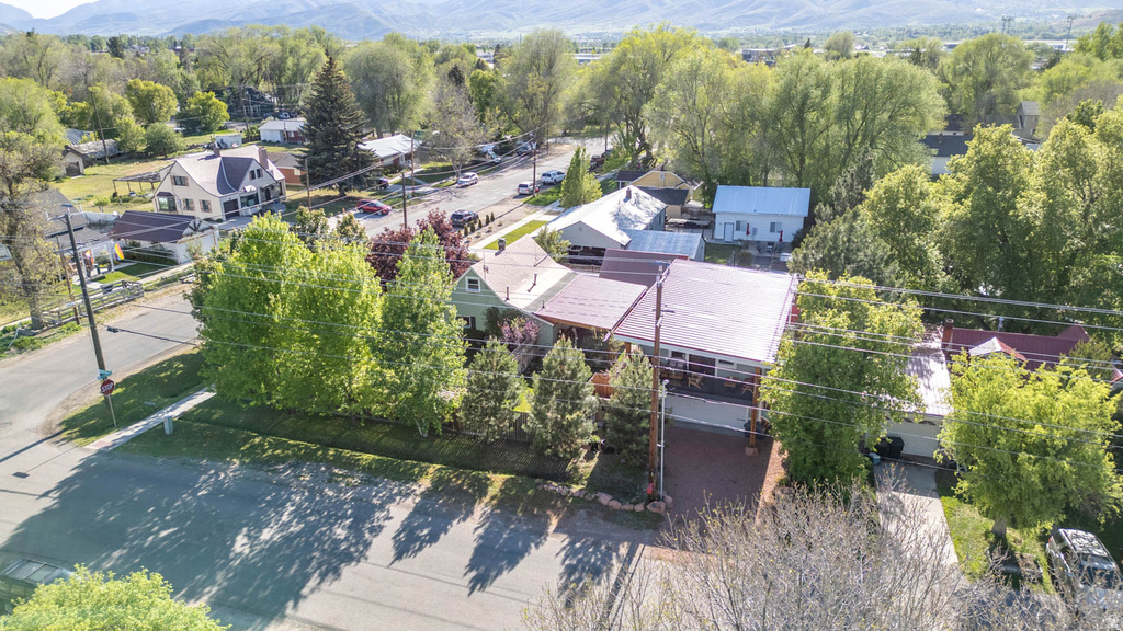 Aerial view of a residential street featuring established trees and a distant mountain range