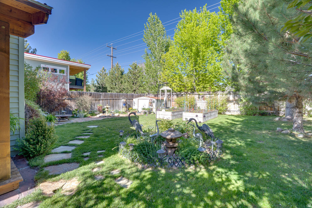 Expansive backyard featuring a lush lawn, mature trees, a stepping stone path, raised garden beds, and a white storage shed