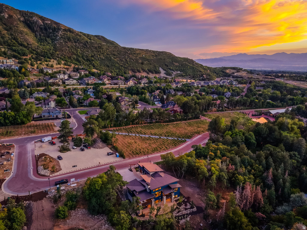 Contemporary residence featuring a multi-level roofline, extensive natural landscaping, and a mountainous backdrop