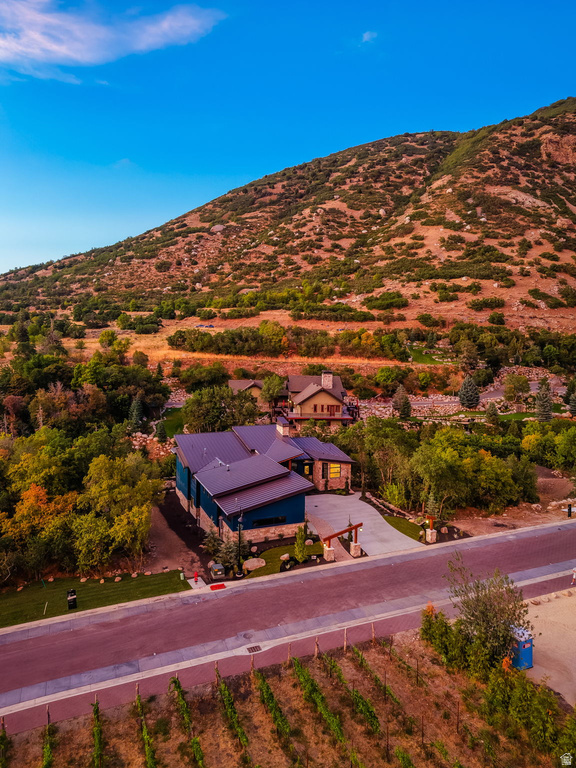 Contemporary residence featuring a dark metal roof, blue siding, and stone accents