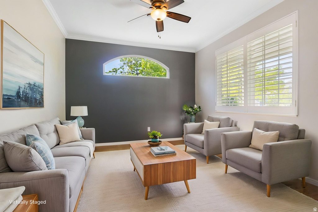 Living area featuring an arched transom window, crown molding, and plantation shutters