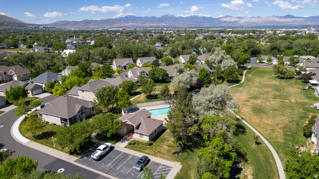 Aerial perspective of a residential community with varied architectural styles