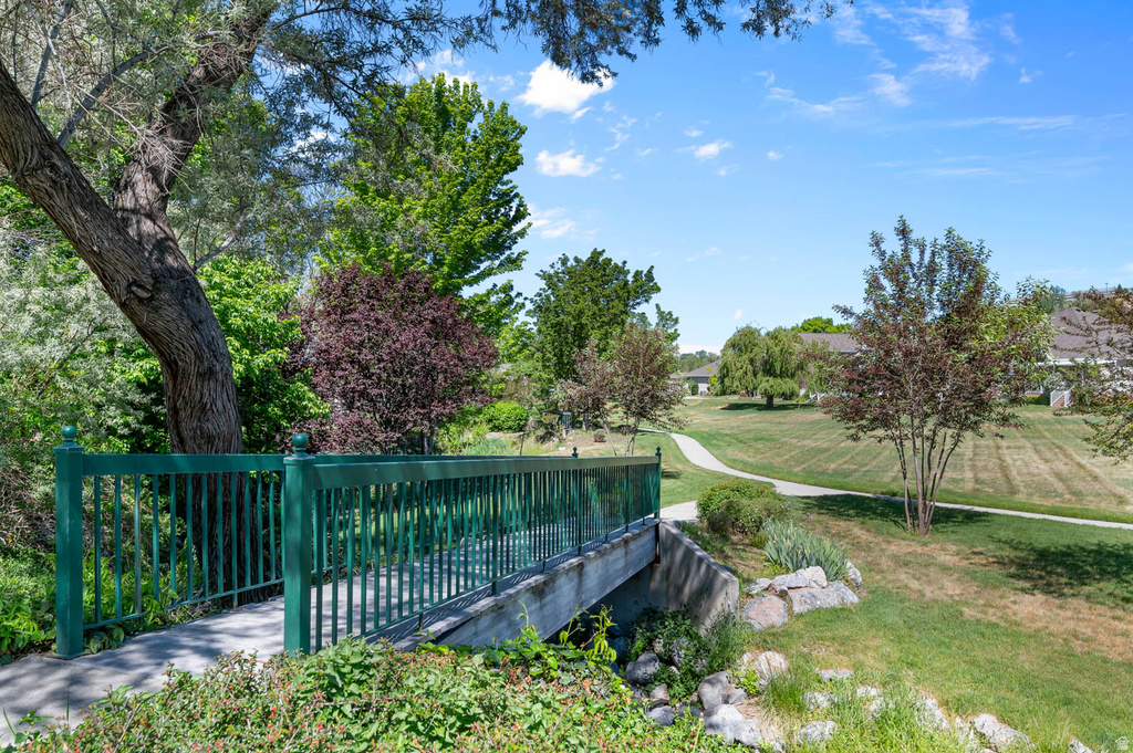 Concrete bridge with green metal railings, surrounded by mature trees and lush foliage