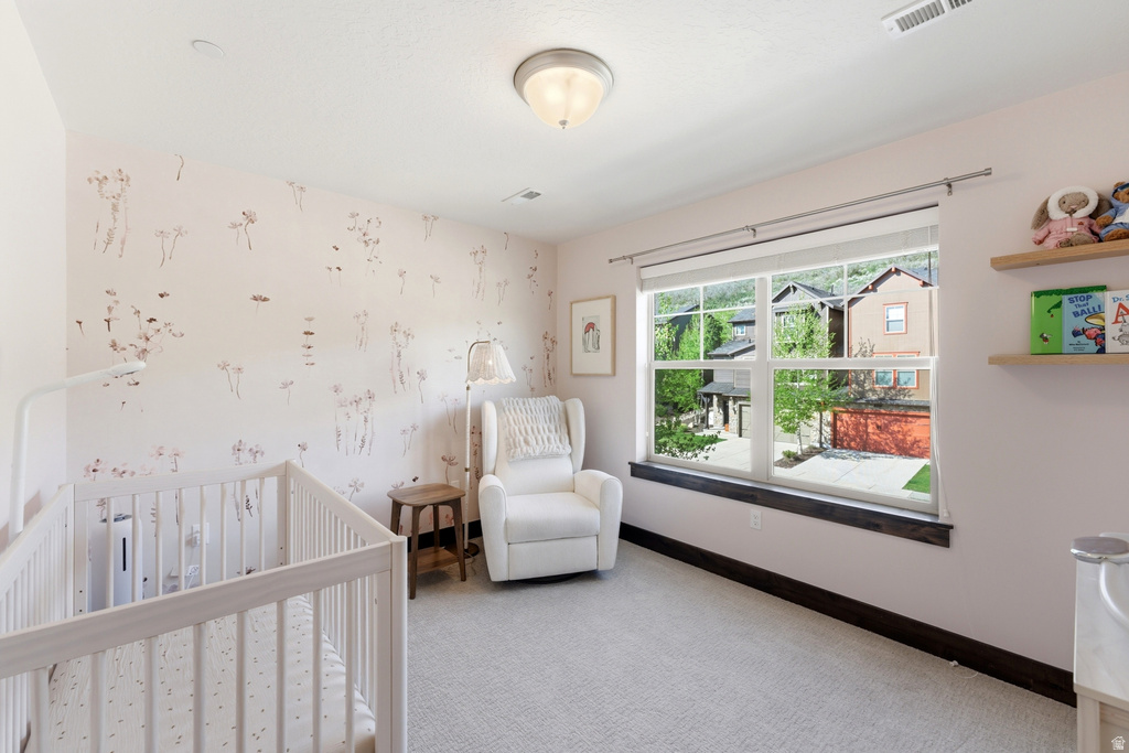 Bright room featuring light-toned carpeting, a large window with white framing, and a dark wood-finish sill