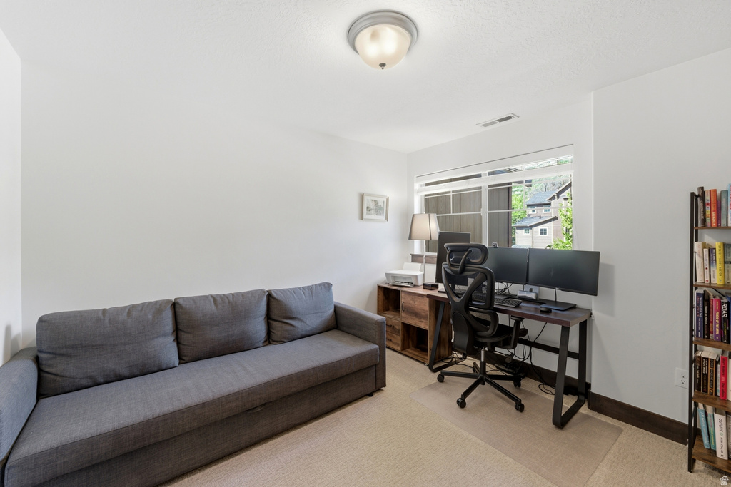 Carpeted room featuring a large window, a ceiling-mounted light fixture, and white wall finishes