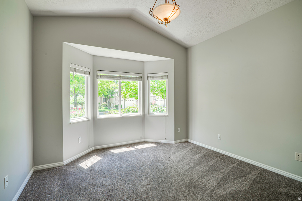 Bay window with multiple panes, vaulted ceiling, neutral wall color, and textured carpeting, complemented by a decorative ceiling fixture