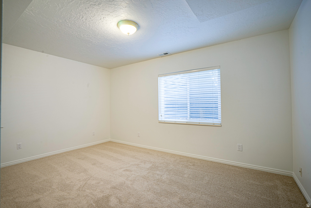 Carpeted room featuring a single window with horizontal blinds, white walls, and a ceiling-mounted light fixture