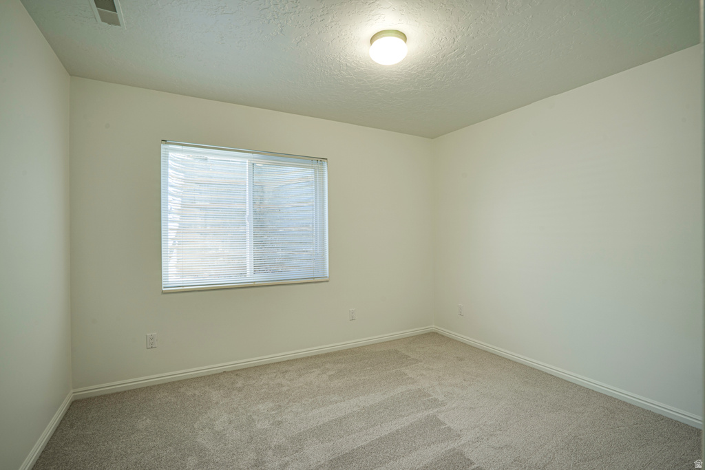 Neutral wall tones featuring a window with horizontal blinds, textured ceiling, flush-mount lighting, and carpet flooring