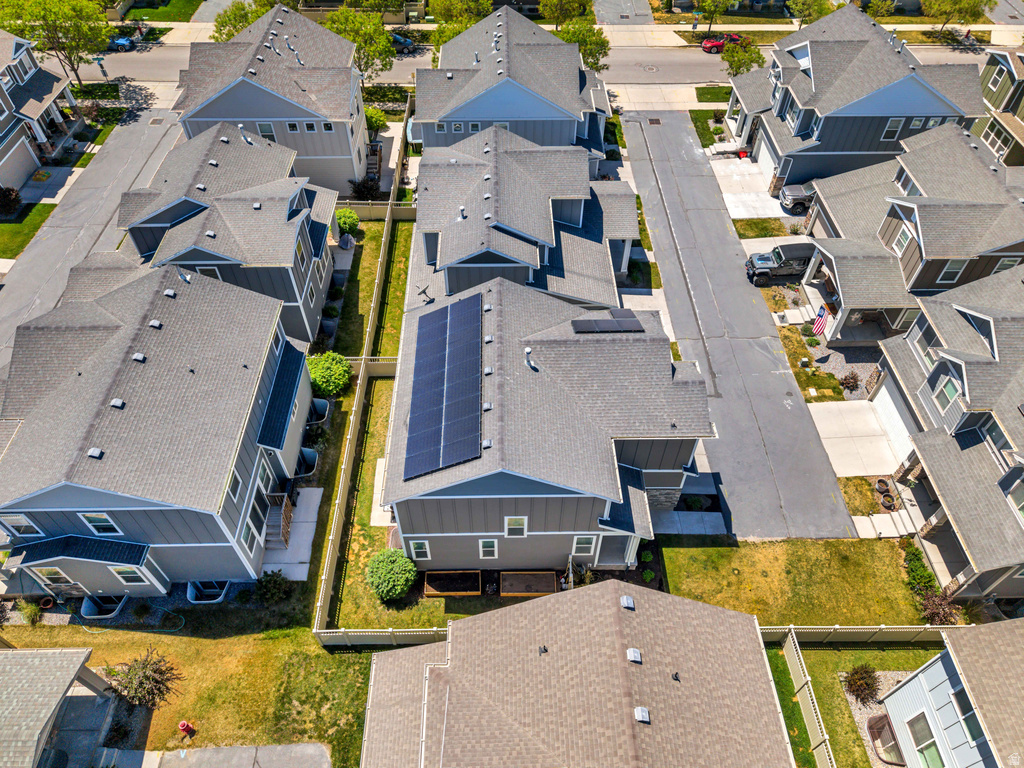 Aerial perspective showcasing a residential development with multiple properties