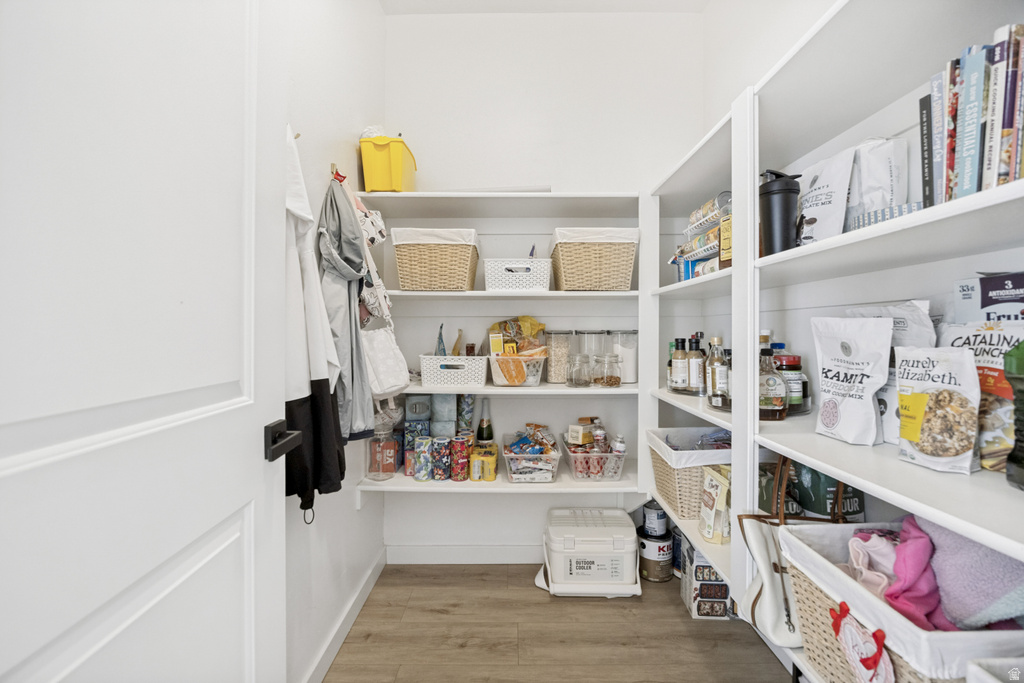 Walk-in pantry featuring extensive white shelving