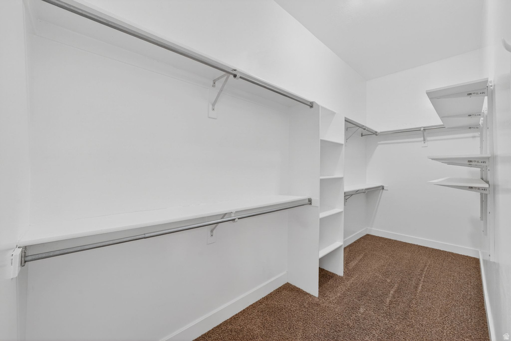 Walk-in closet featuring built-in shelving, multiple hanging rods, and brown carpet flooring