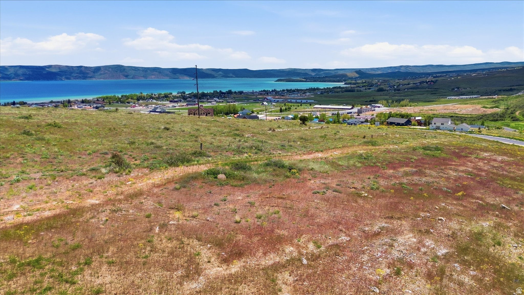 Open land with natural vegetation and a distant view of Bear Lake