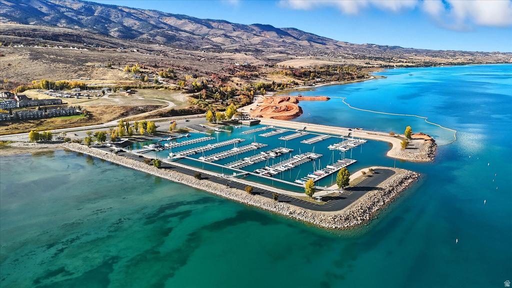 Marina with boat slips and clear blue Bear Lake waters