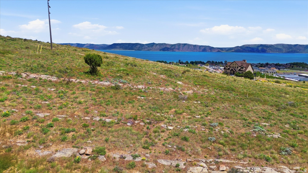 Hillside property with natural vegetation, rocky outcrops, and water scenery