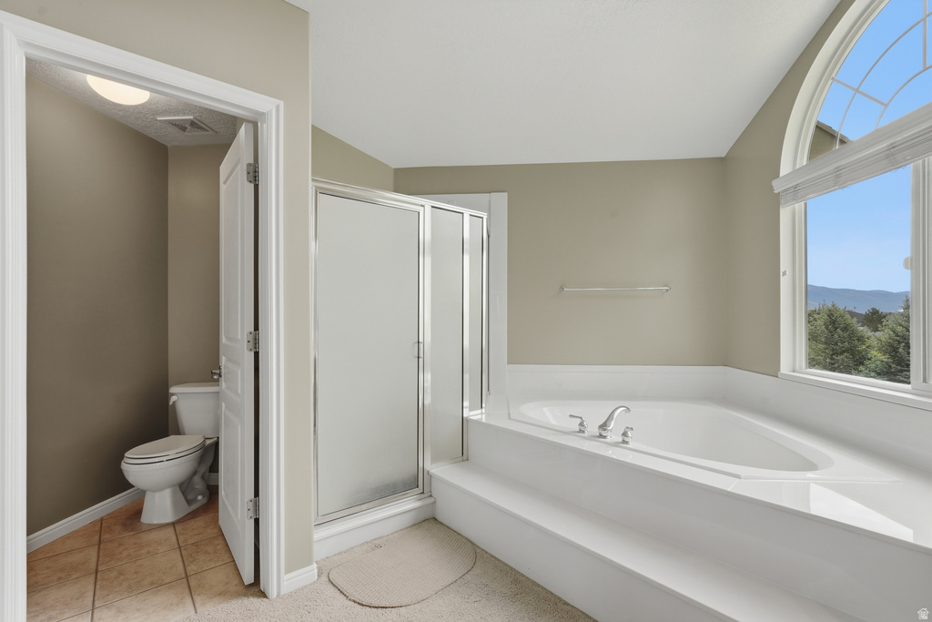 Corner soaking tub with integrated steps, large arched window, frosted glass shower enclosure, separate water closet with tiled flooring, and neutral wall tones
