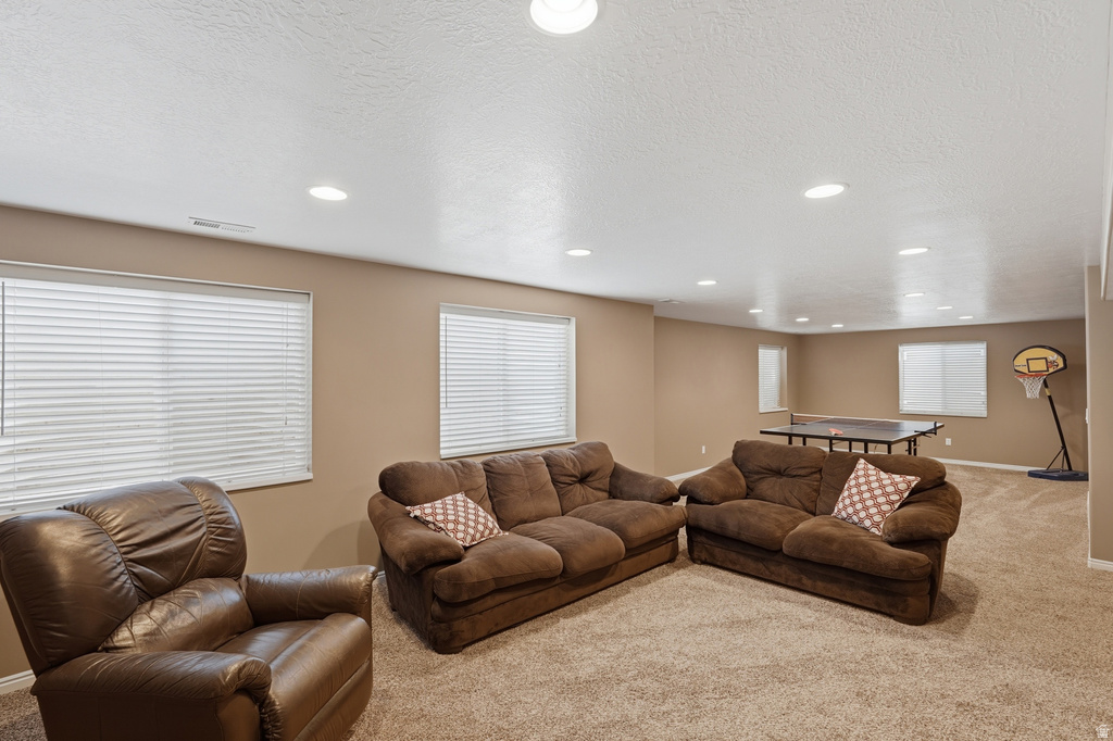 Spacious lower-level room featuring recessed lighting and neutral-toned carpeting