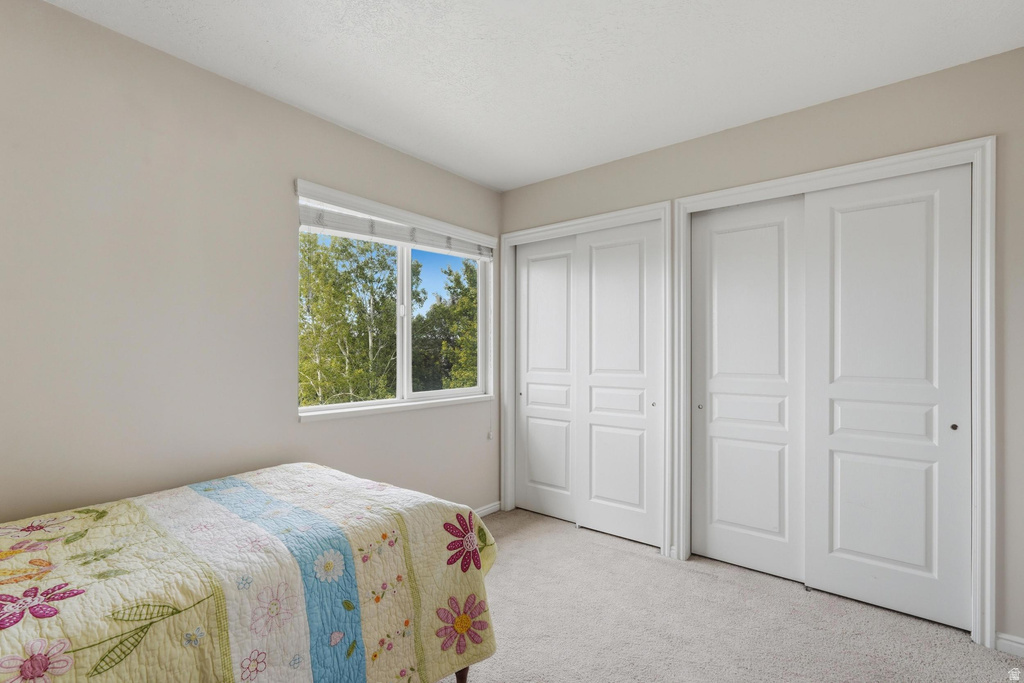 Bright room with neutral wall tones and light-colored carpeting