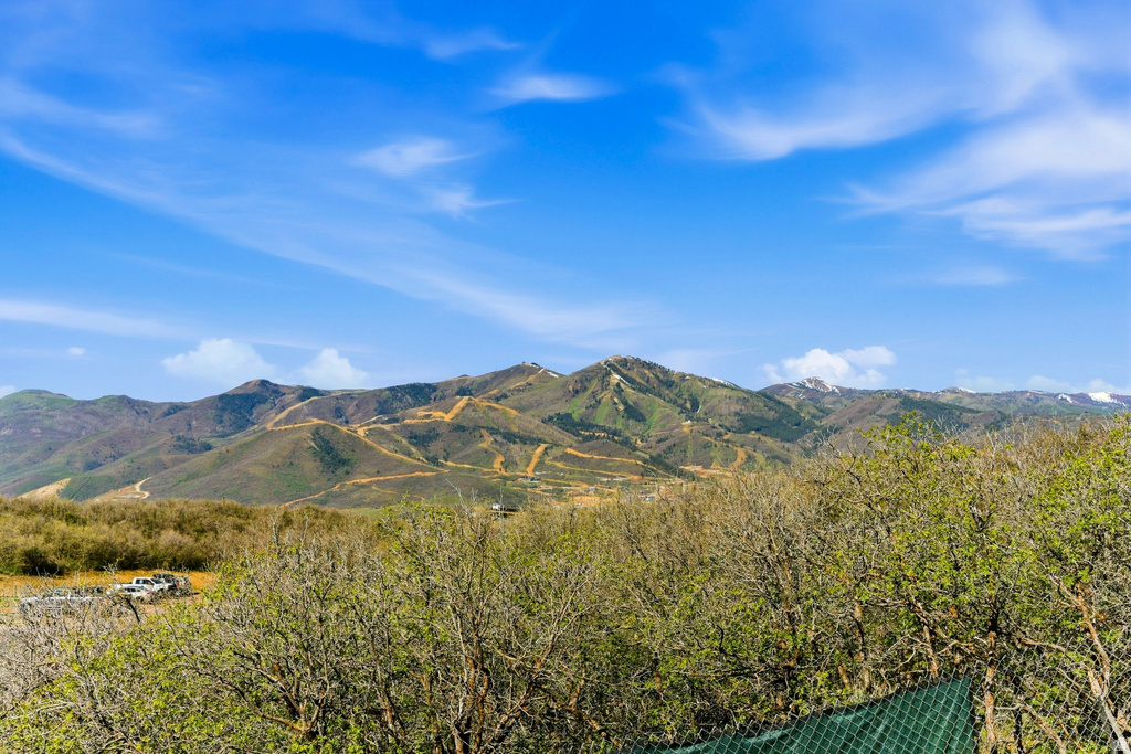 Mountain terrain with visible ski runs under a clear blue sky
