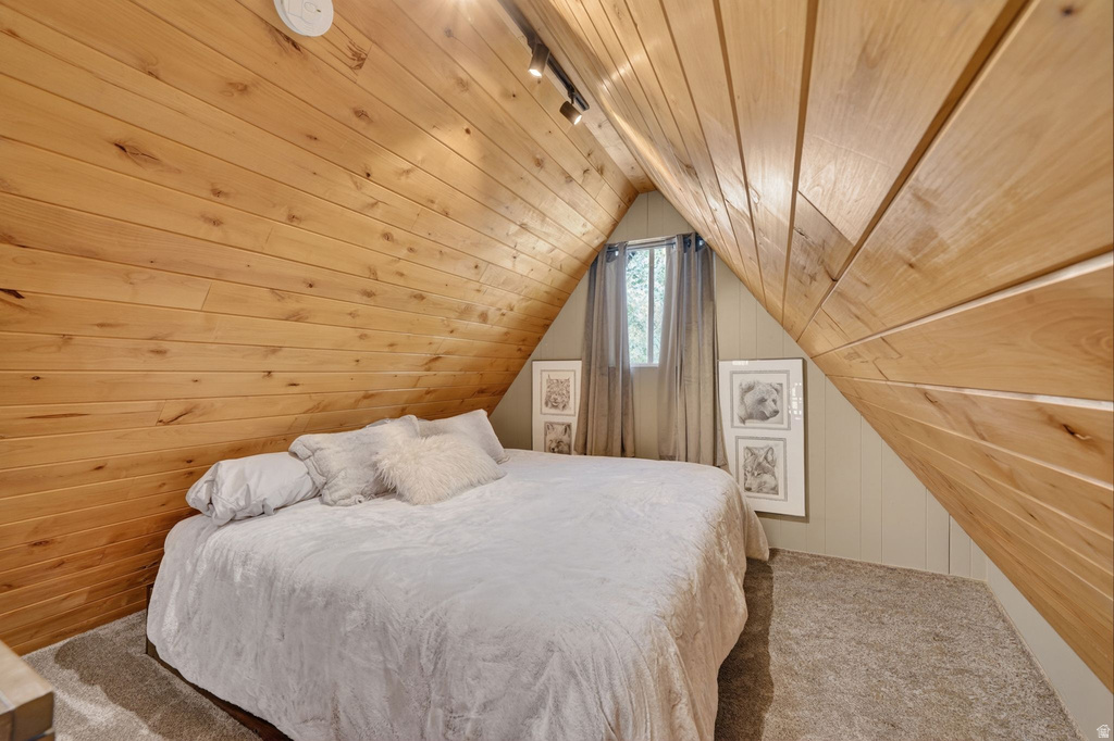 Attic room featuring sloped wood-paneled ceilings, a single casement window with natural light, track lighting, and soft grey carpet flooring
