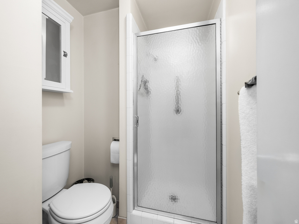 Glass-enclosed shower with textured privacy glass and chrome frame