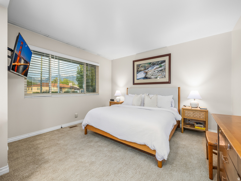 Carpeted bedroom featuring a large window with blinds, light-toned wall paint, and white baseboards