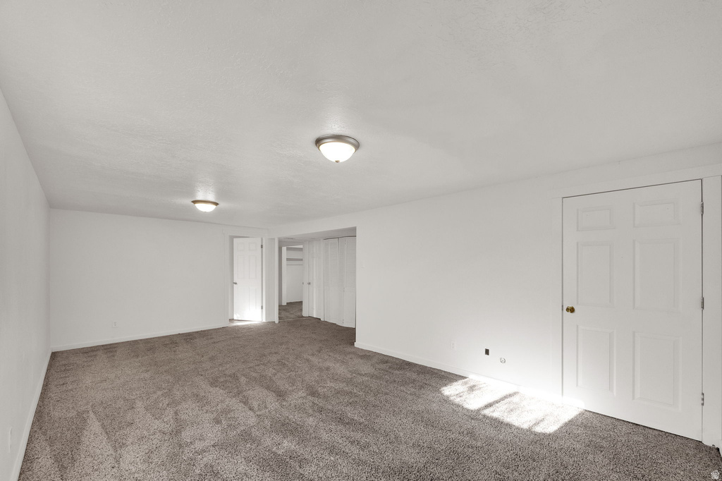 Spacious room featuring neutral carpeting, white walls, and flush-mount ceiling lighting