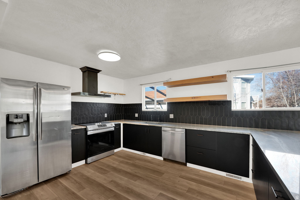Kitchen featuring wood-finish flooring, dark cabinetry, stainless steel appliances, and a tiled backsplash