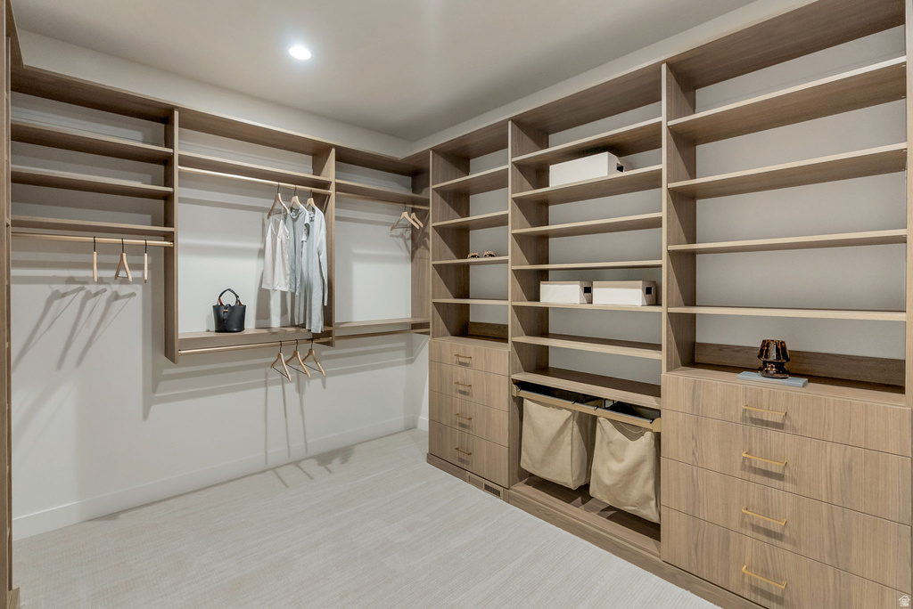 Custom built-in closet system featuring extensive shelving, multiple hanging rods, integrated drawers with gold-tone hardware, and light-toned carpeting