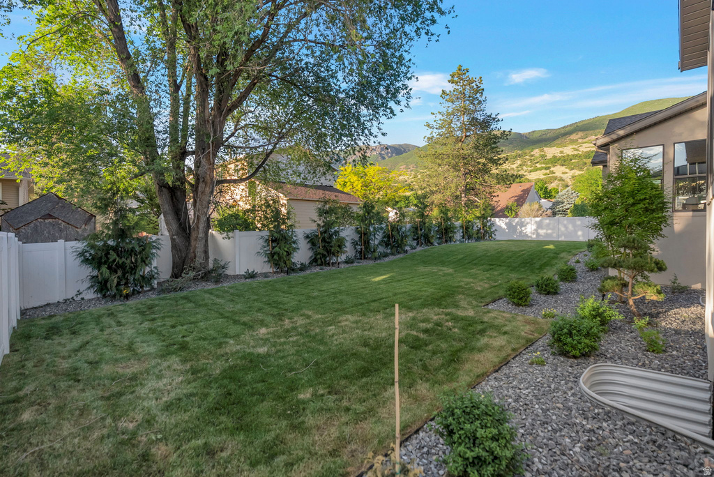 Spacious backyard featuring a large lawn area, mature trees, and a white privacy fence