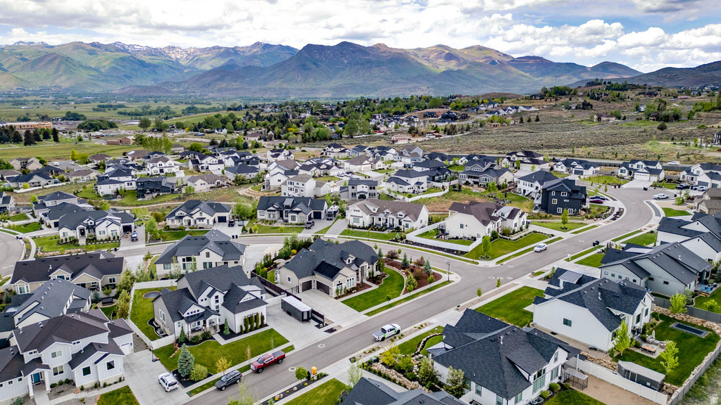 Aerial perspective showcasing a residential community with varied architectural styles