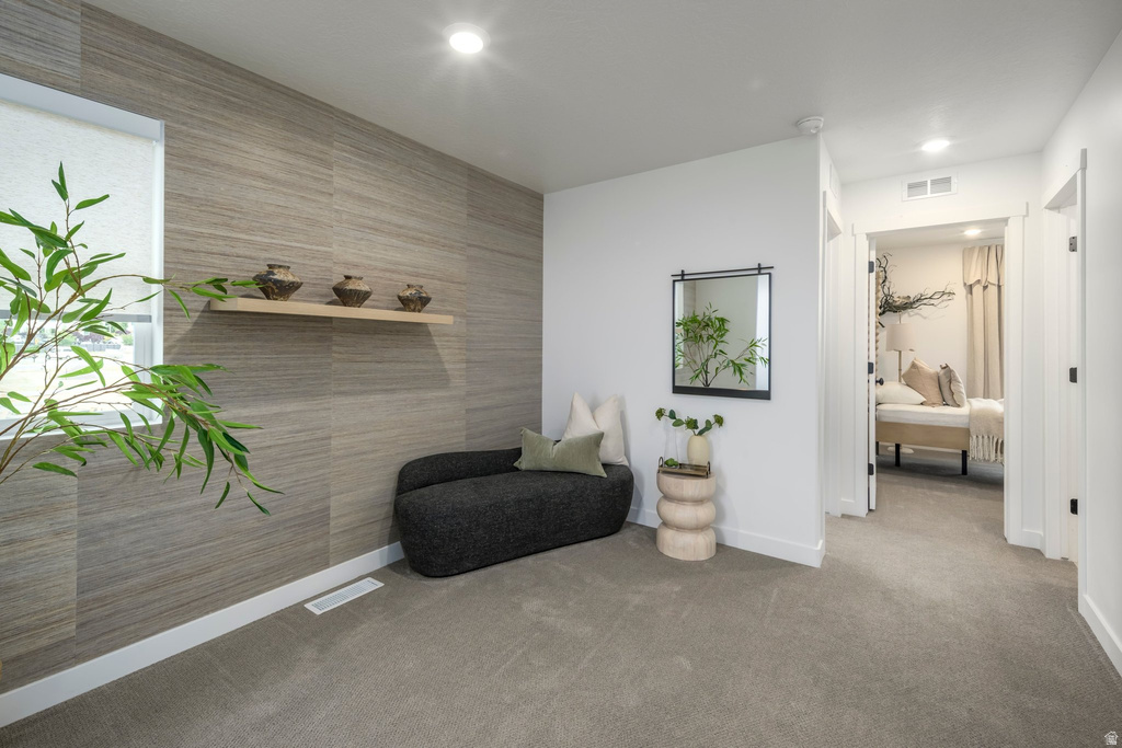Accent wall featuring horizontal wood-finish paneling and a floating shelf