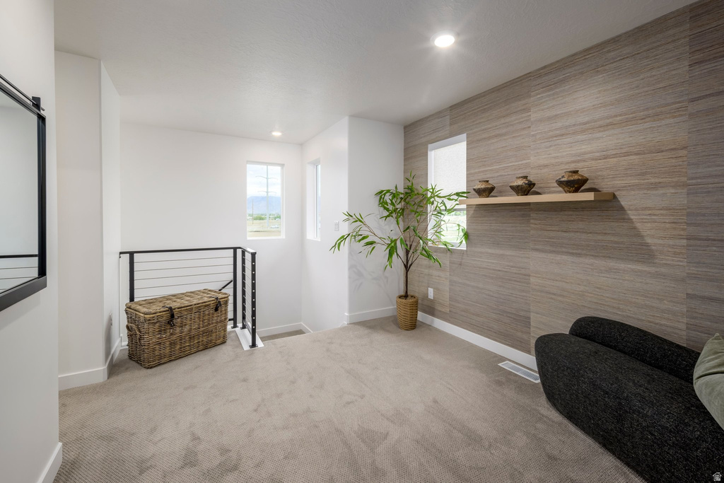Loft area with cable railing, light-colored carpet flooring, recessed lighting, and a textured accent wall featuring a floating wood shelf