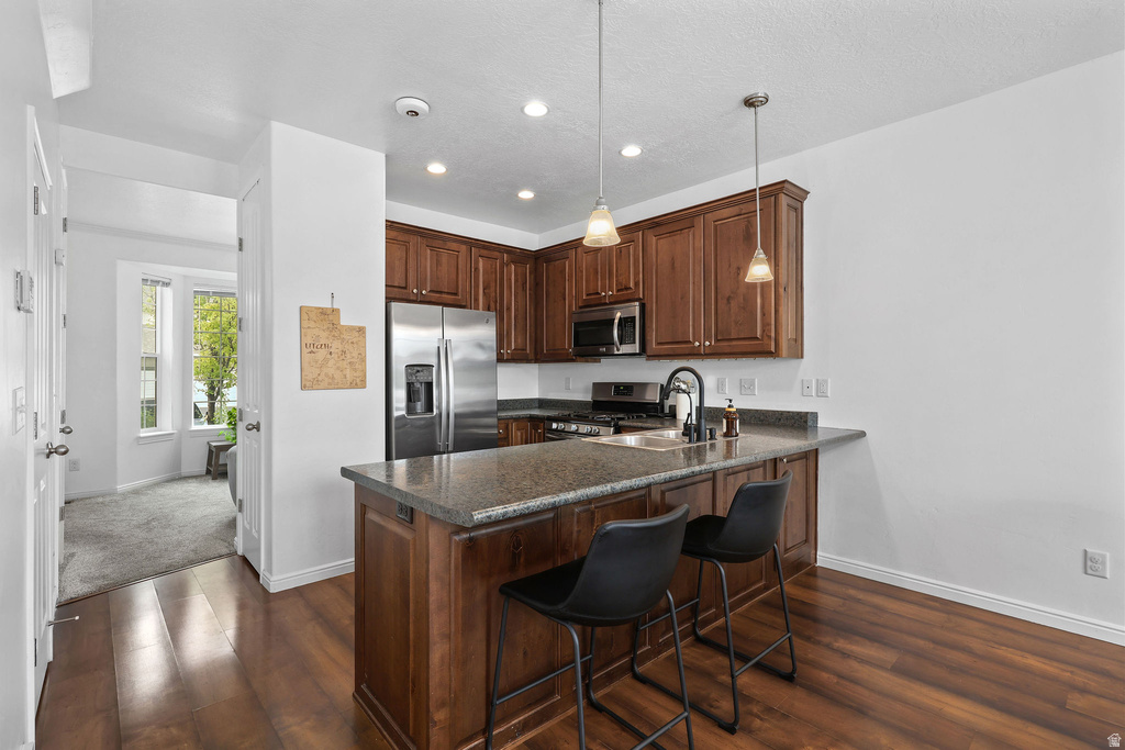 Kitchen featuring dark wood cabinetry, a large island with integrated sink, stainless steel appliances, recessed lighting, and pendant lights