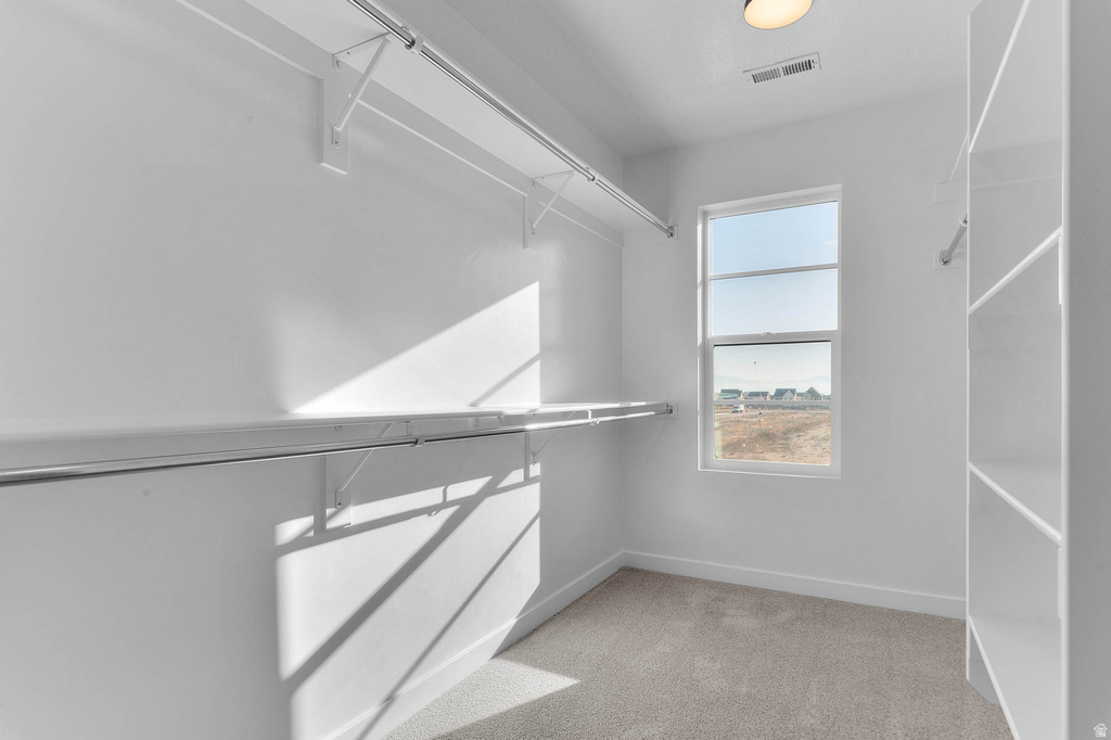 Walk-in closet featuring built-in shelving, hanging rods, and a window for natural light