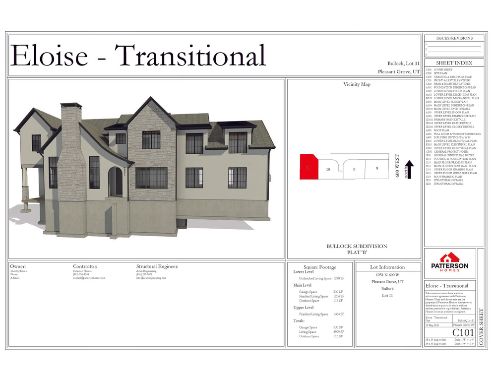 Architectural Plan, Cover Sheet. Presenting an exterior rendering, vicinity map, sheet index, square footage, and lot information for the property