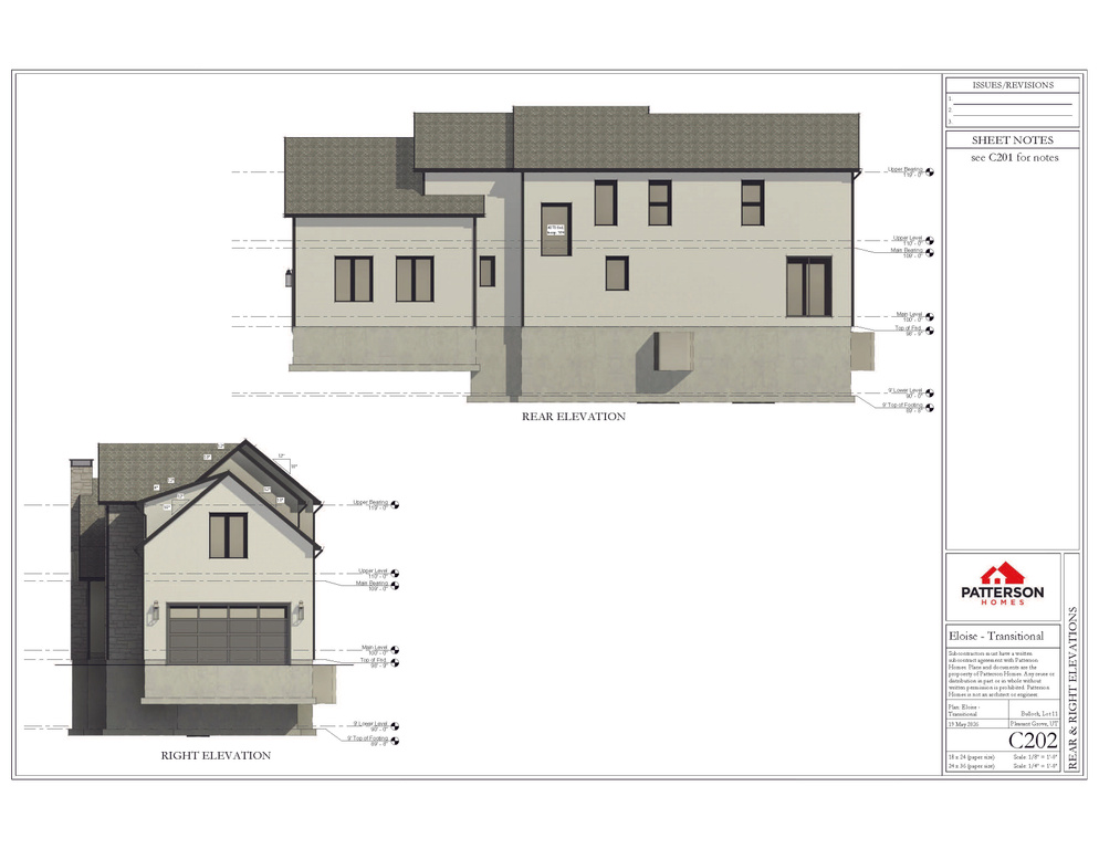 Architectural Drawing, Elevations. Displaying the rear and right side views of the property