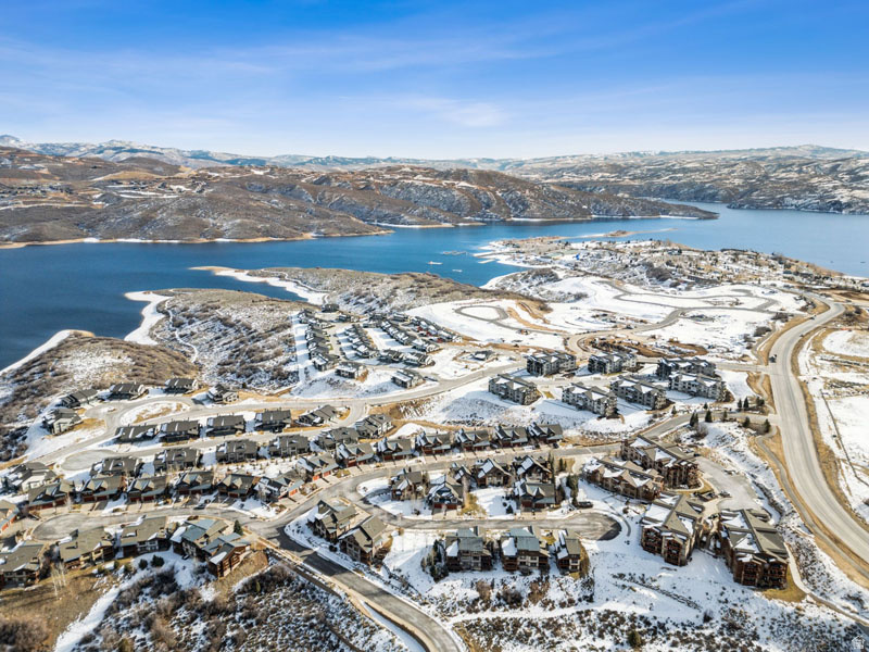 Aerial perspective showcasing a residential development with varied architectural styles