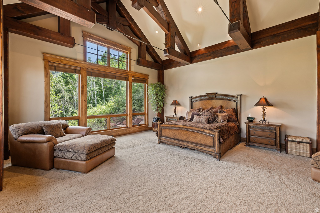 Vaulted ceiling with exposed wood beams