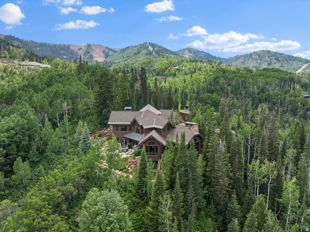 Expansive mountain-side property featuring a multi-level residence with stone and wood siding, surrounded by mature evergreen and deciduous trees