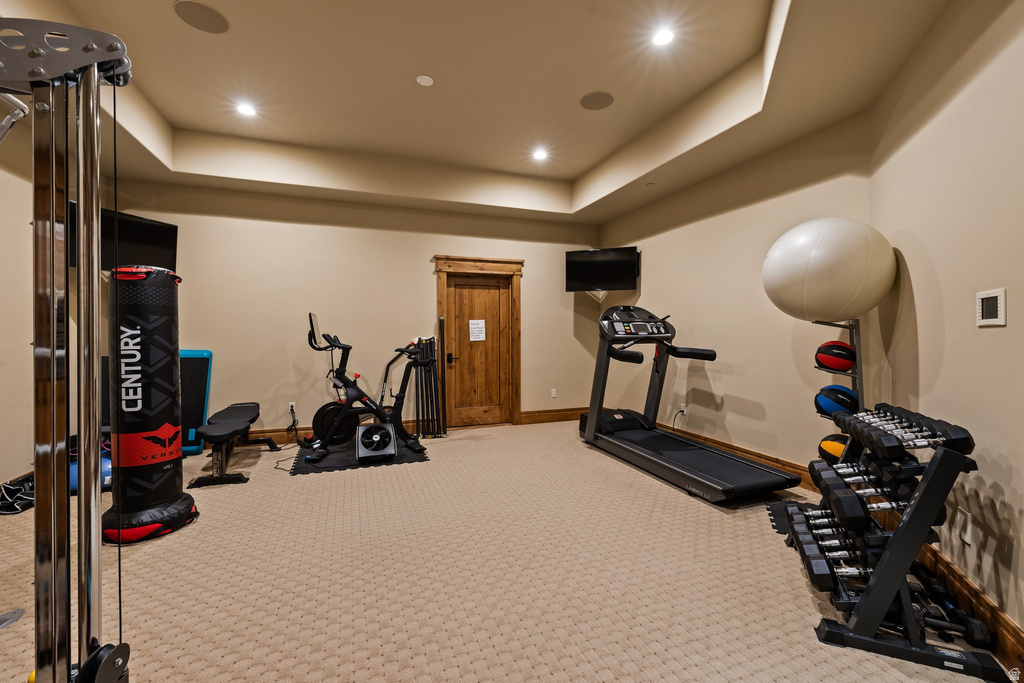 Dedicated fitness room featuring recessed lighting, tray ceiling details, textured carpet flooring, and a solid wood door