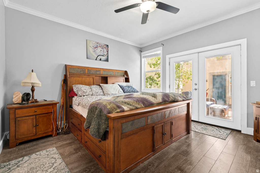 Wood-finish flooring throughout, featuring crown molding, a ceiling fan with integrated lighting, and a window for natural illumination