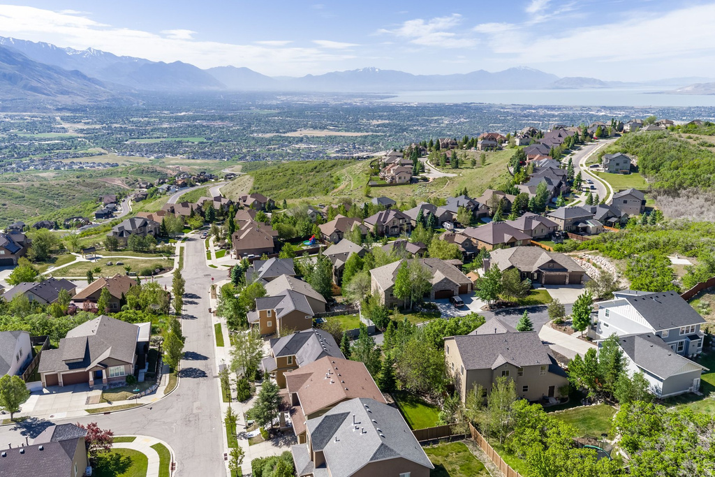 Neighborhood setting featuring mature trees, paved streets, residential homes with varied architectural styles, and a distant mountain range backdrop