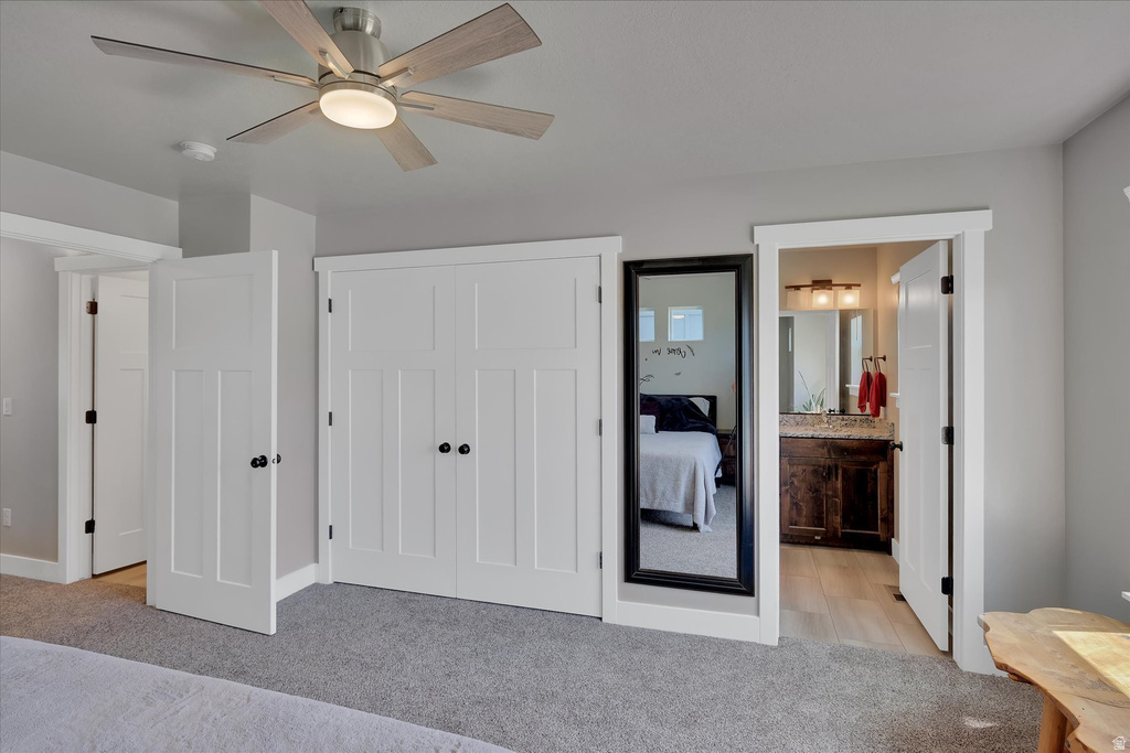 Carpeted room with a ceiling fan featuring light wood-finish blades and an integrated light fixture