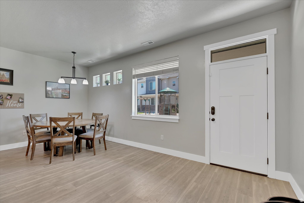 Entry area featuring a white panel door with transom window, light wood-finish flooring, and light gray wall paint