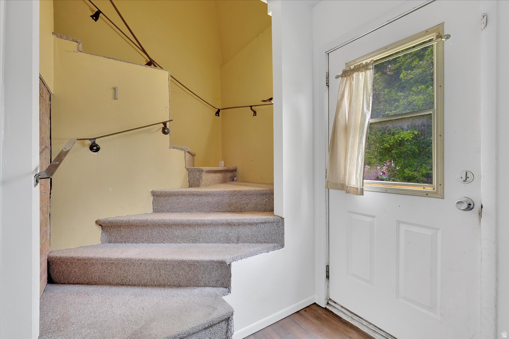 Carpeted staircase with metal handrails, complemented by an entry door featuring a window insert and durable wood-finish flooring