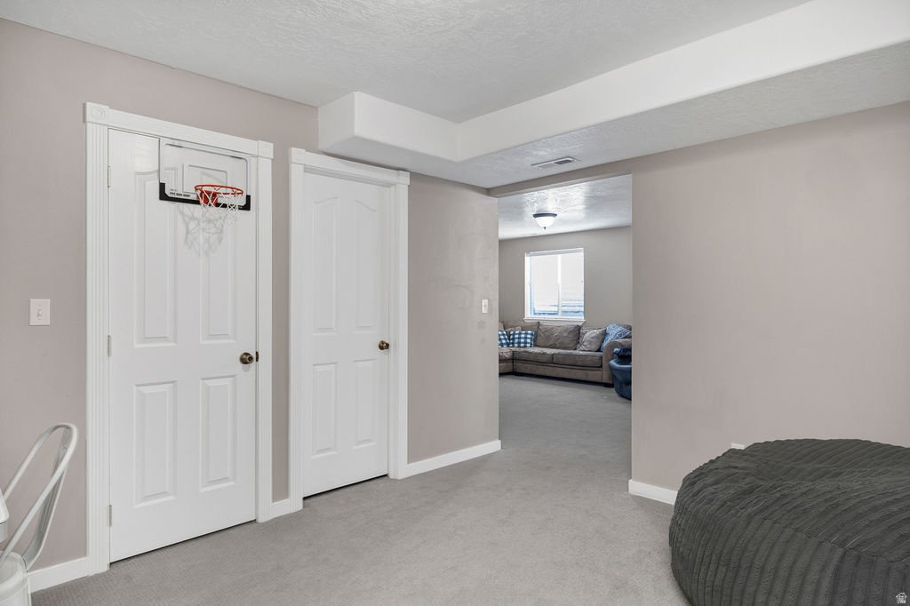 Carpeted interior space with neutral wall tones and white trim