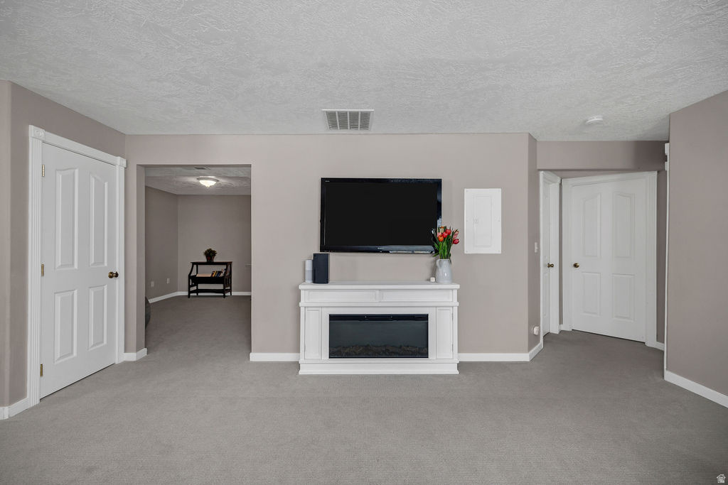 Plush gray carpeting extends throughout this interior space, featuring light taupe walls and white trim